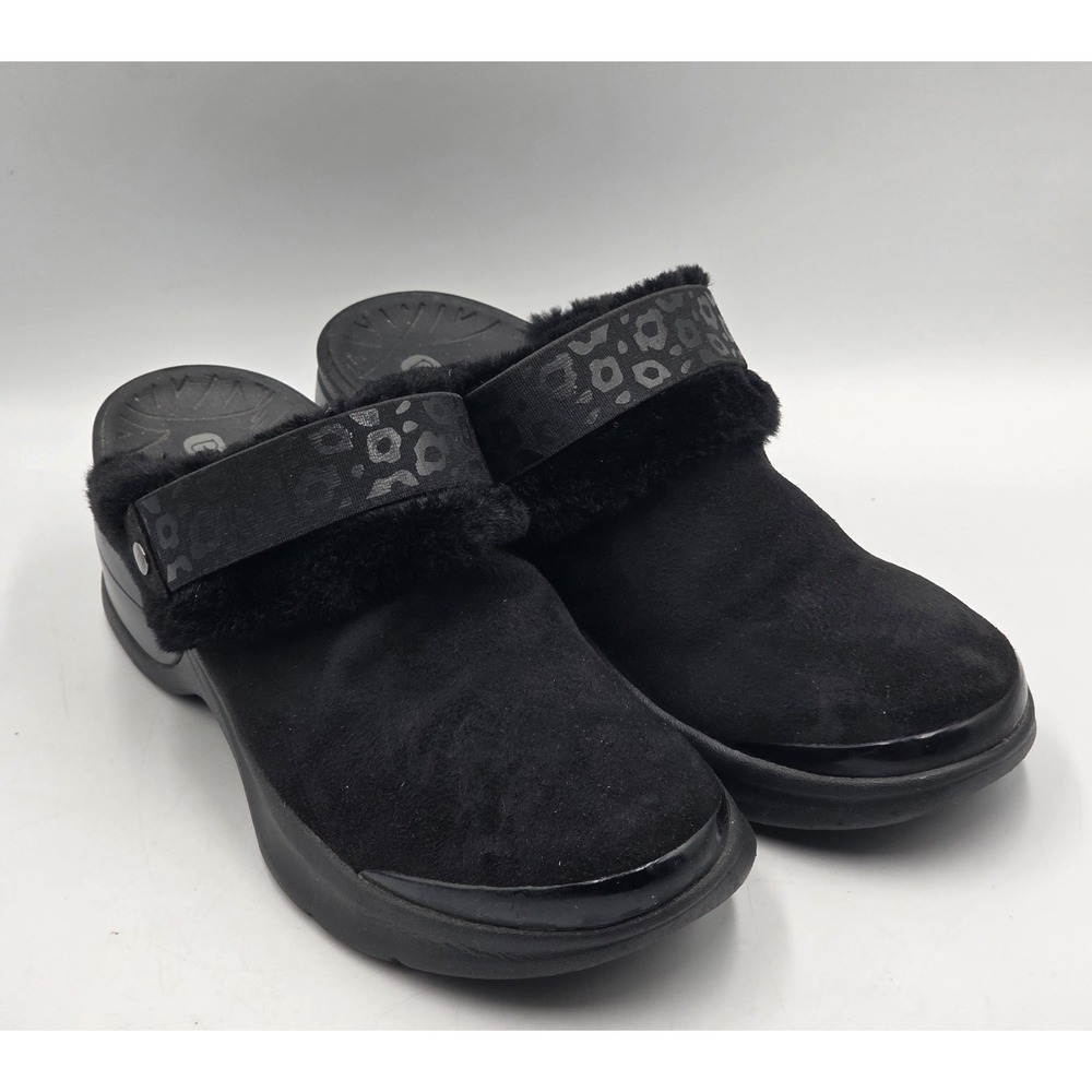 BZees Kismet Faux Fur Trim Black Mule Clogs Leopard Strap Comfort 9.5M